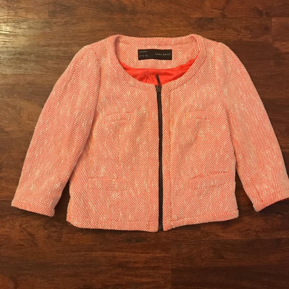 Zara Coral Tweed Boucle Zipper Jacket size Medium